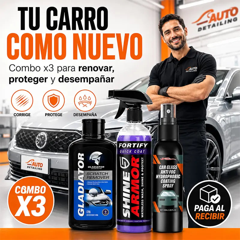 Combo x3 para renovar tu carro: Quita rayones + Cera protectora + Antiempañante
