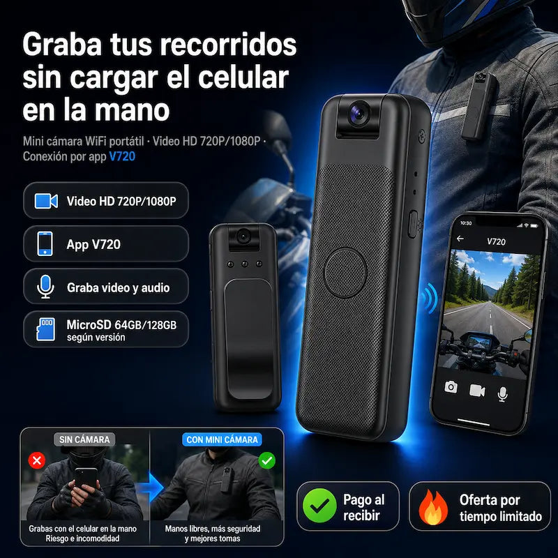Mini Cámara WiFi Portátil | Graba recorridos, viajes y actividades en HD